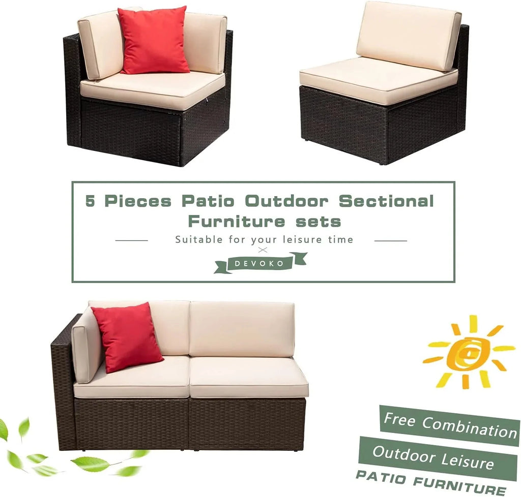 Devoko 5 Pieces Patio Furniture Sets All Weather Outdoor Sectional Patio Sofa Manual Weaving Wicker Rattan Patio Seating Sofas with Cushion and Glass Table(Beige) - image 35