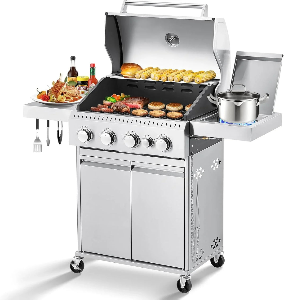 Upgraded 4 Burner BBQ Propane Gas Grill with Cast Iron Grates & Side Stove, 44,000 BTU Stainless Steel Burner Barbecue Grill for Patio, Camping, Outdoor Cooking. - image 4