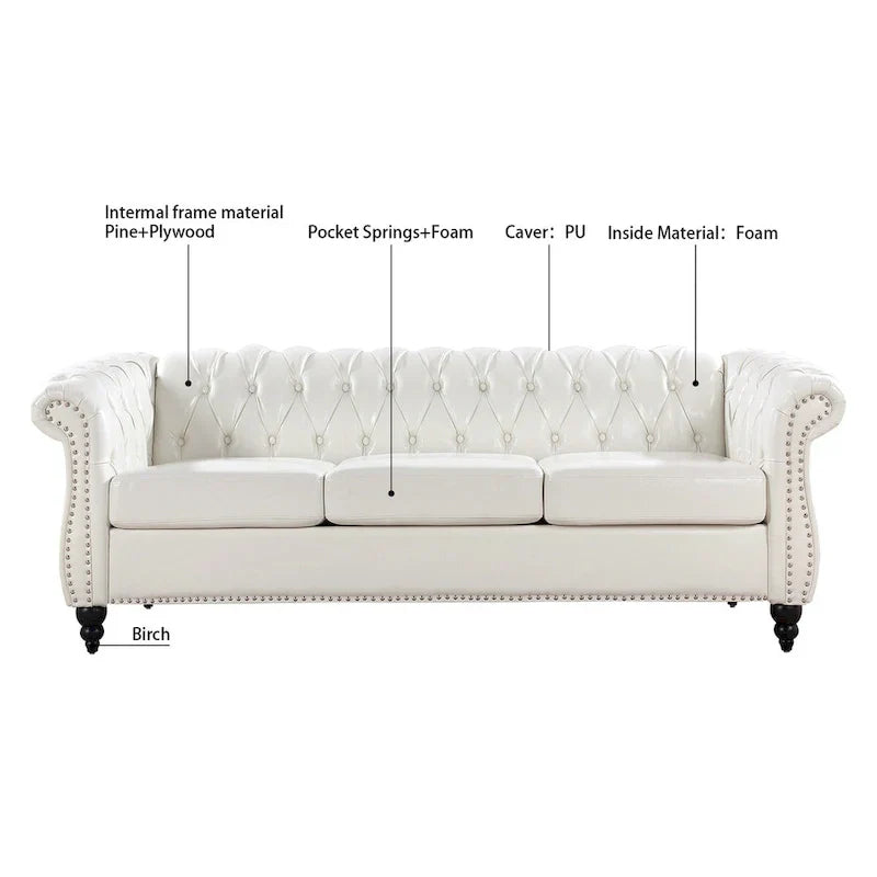 Cream 84.65 Traditional Chesterfield 3-Seater Sofa in PU Leather - image 11