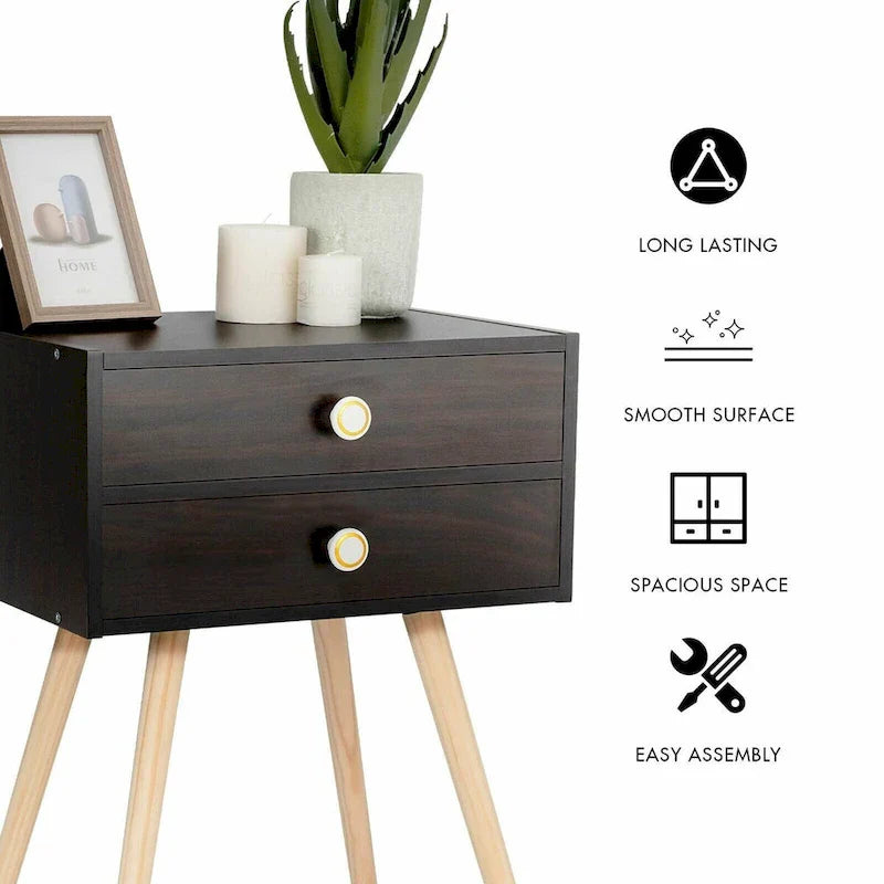 Brown Mid-Century Modern Nightstand with 2 Drawers - image 1