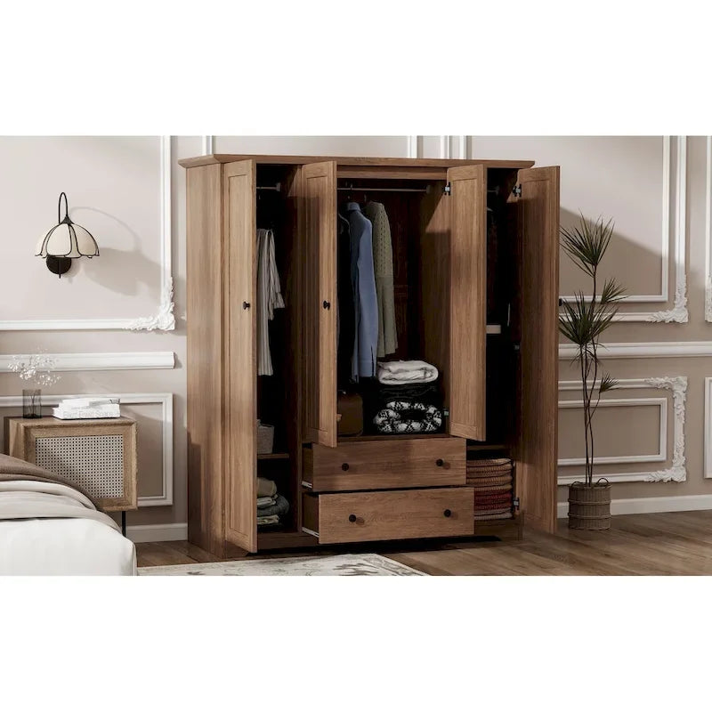 Freestanding 4-Door Wardrobe Armoire with 2 Drawers and Hanging Rods for Clothes Storage - image 29