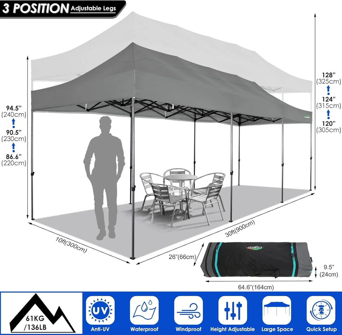 COBIZI 10x20 Heavy Duty Pop up Canopy Tent with 6 sidewalls Easy Up Commercial Outdoor Canopy Wedding Party Tents for Parties All Season Wind & Waterproof Gazebo with Roller Bag,Black(Frame Thickened) - image 136