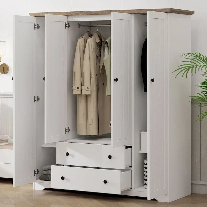 Freestanding 4-Door Wardrobe Armoire with 2 Drawers and Hanging Rods for Clothes Storage - image 3