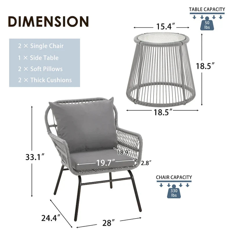 3-Piece Patio Conversation Bistro Set, Outdoor Rattan Furniture Set with Glass Table & 2 Wide Armchairs, Seat Cushions - image 26