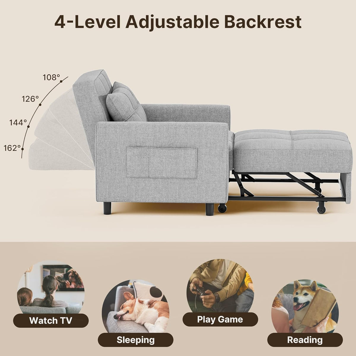 Sofa Bed Chair 3 in 1 Convertible Pullout Single Sleeper Chair Bed Spacious Multifunctional Sofa - image 36