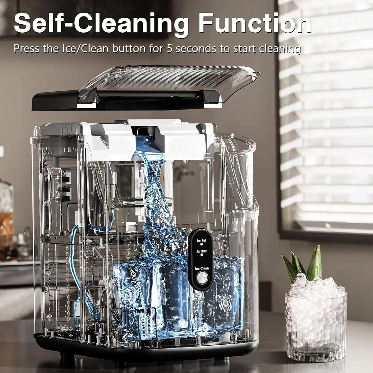 Nugget Ice Makers Countertop, Pebble Ice Machine with Chewable Pellet Ice, 34Lbs/24H, Self-Cleaning, Sonic Ice, One-Click Operation, for Kitchen,Office Stainless Steel Black - image 7
