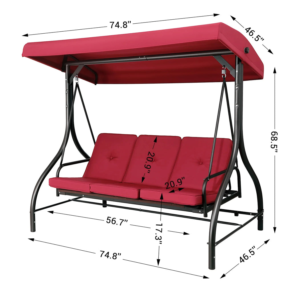 Pirecart 3 Person Patio Porch Swing Outdoor Converting Swing Glider Hammock with Adjustable Canopy, Cushions, Red - image 5