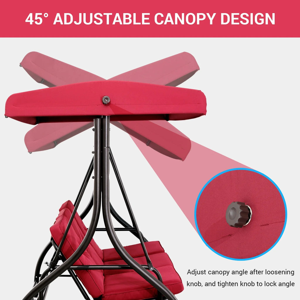 Pirecart 3 Person Patio Porch Swing Outdoor Converting Swing Glider Hammock with Adjustable Canopy, Cushions, Red - image 11