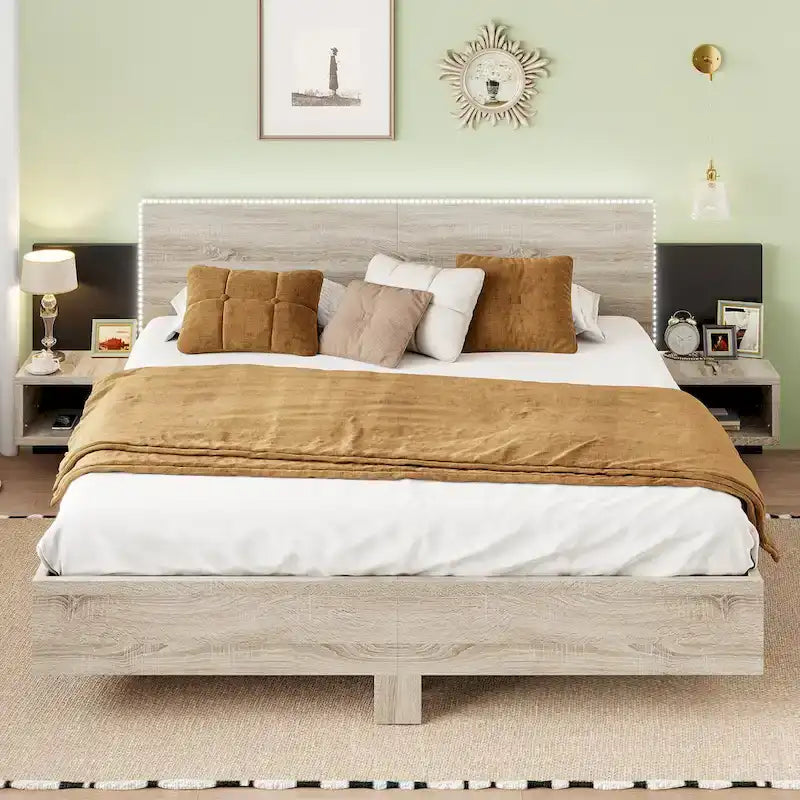 Modern King Size Wooden Floating Bed Frame with Nightstand and LED - Slatted Support Design - image 3