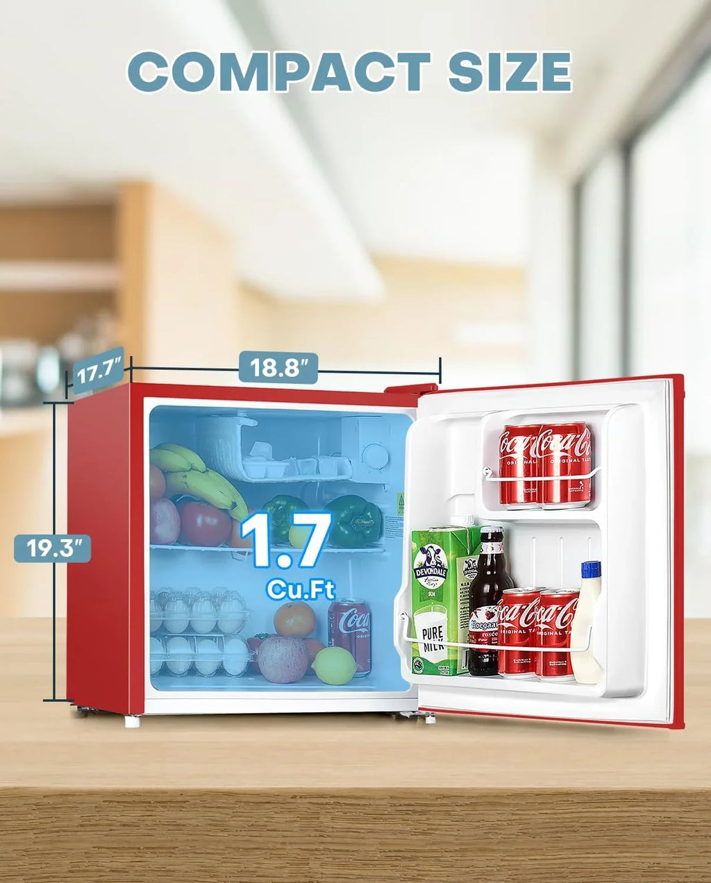 Upstreman 1.7 Cu.ft Mini Fridge with Freezer, Dorm Essentials, Adjustable Thermostat, Energy Saving, Low Noise, Single Door Compact Refrigerator for Dorm, Office, Bedroom, Red-FR17 - image 2