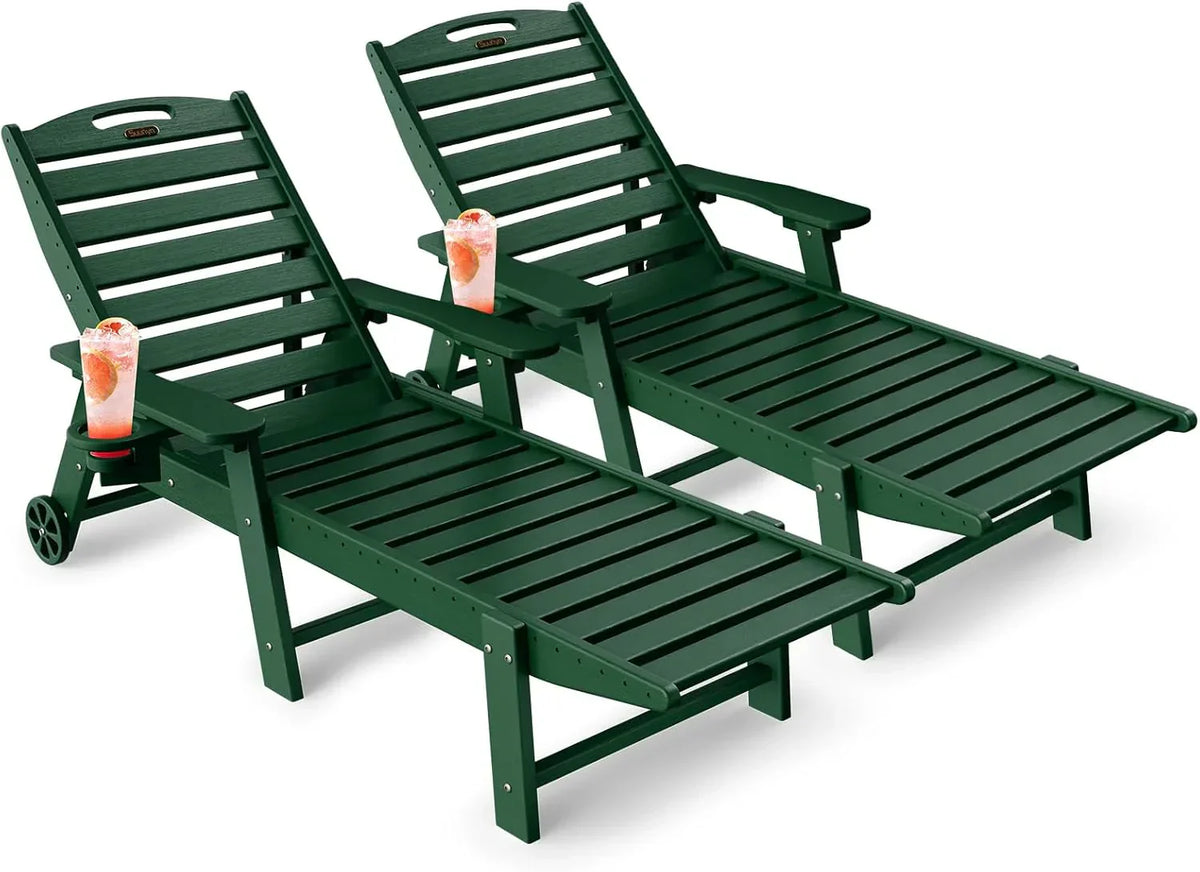 Lounge Chair Outdoor, Chaise Lounge, HDPE 6-Position Outdoor Chaise Lounge, Patio Lounge Chair with Wheels & Cup Holder for Pool Poolside Deck Backyard, Teak - image 14