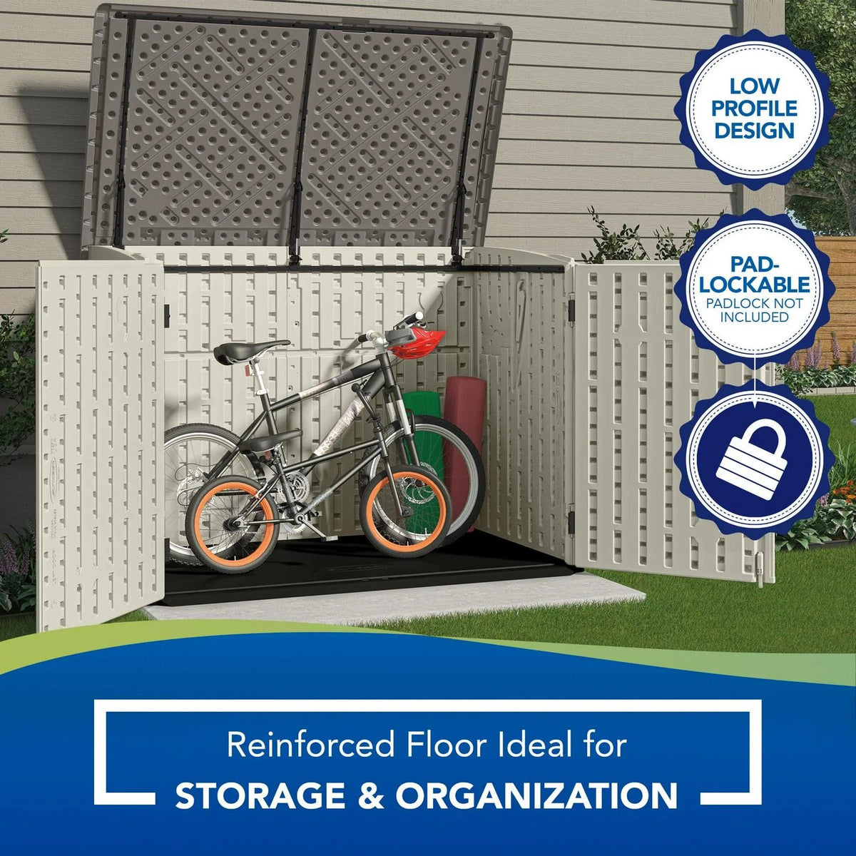 Suncast BMS4700 Resin Storage Shed, Off-White/Gray, 70.5′′W x 44.25′′D x 52′′H, Double Door, UV Resistant - image 4