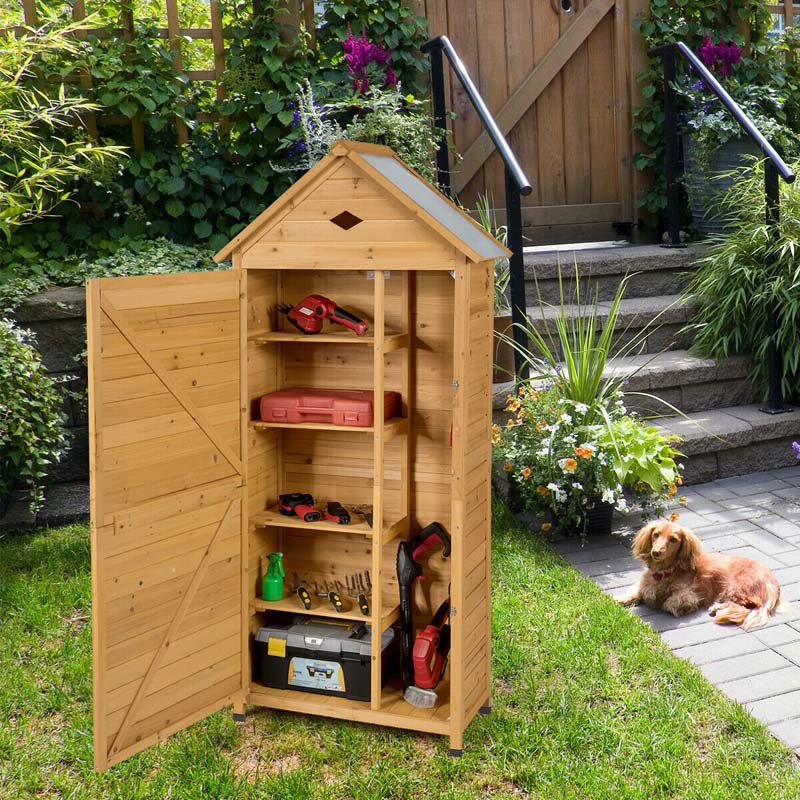 63" Wood Outdoor Storage Shed Lockable Garden Tools Storage Cabinet with 5 Shelves, Galvanized Sheet Roof - image 18