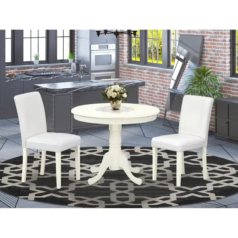 East West Furniture Round Dining Table Set - Kitchen Table with White Faux Leather Parson Chairs in Linen White (Various Piece Options) - image 1