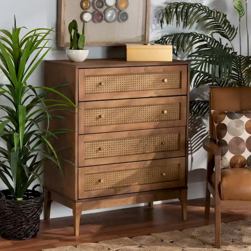 Ramiel Mid-Century Modern 4-Drawer Chest in Ash Walnut with Rattan Accents - image 6
