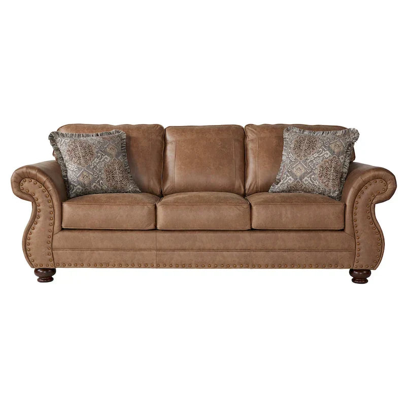Roundhill Furniture Leinster Brown Fabric Sofa and Loveseat with Nailhead Trim - image 2