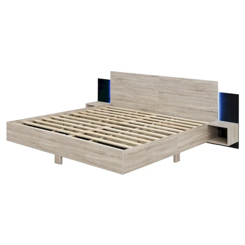 Modern King Size Wooden Floating Bed Frame with Nightstand and LED - Slatted Support Design - image 7