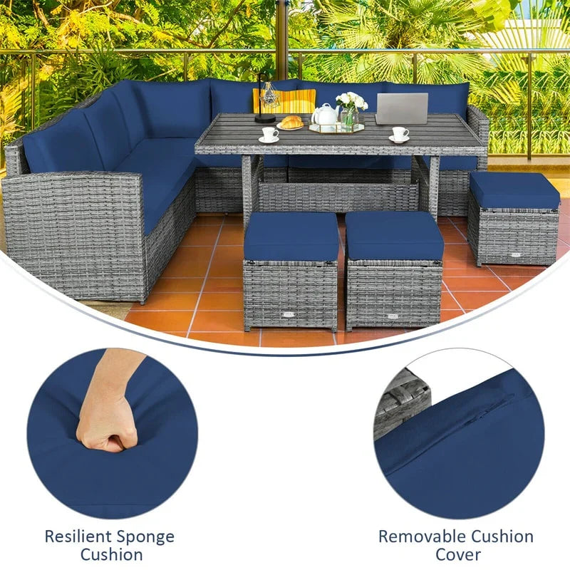 7 Pcs Rattan Patio Dining Furniture Sectional Sofa Set with Dining Table, Ottomans & Cushions - image 30