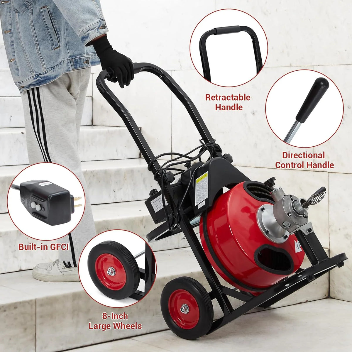 Telyswee Drain Cleaner Machine 100ft x 1/2inch Auto-feed Electric Drain Auger for 1in to 4in Pipes, w/ 8 Cutters & Air-activated Foot Switch, 250W/370W 1700RPM Drain Sewer Snake Drain Auger Cleaner - image 2