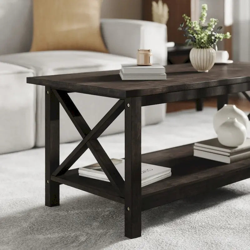 Farmhouse Coffee Table with Shelf and X-Frame Design - image 3