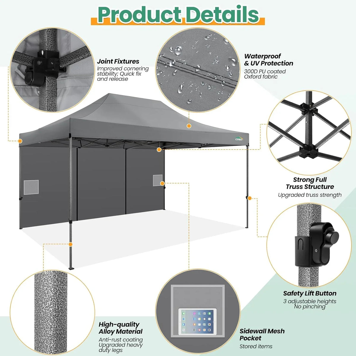 COBIZI 10x20 Heavy Duty Pop up Canopy Tent with 6 sidewalls Easy Up Commercial Outdoor Canopy Wedding Party Tents for Parties All Season Wind & Waterproof Gazebo with Roller Bag,Black(Frame Thickened) - image 82