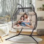 Outdoor Swing Loveseat with Stand, Foldable Hanging Chair, Hammock Cushion, and Awning, Double Egg Chair - Beige - image 4
