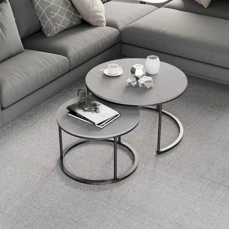 Round Sintered Stone Top Nesting Coffee Table with Black Metal Frame - 31.5 x 17.7 Inches - image 6