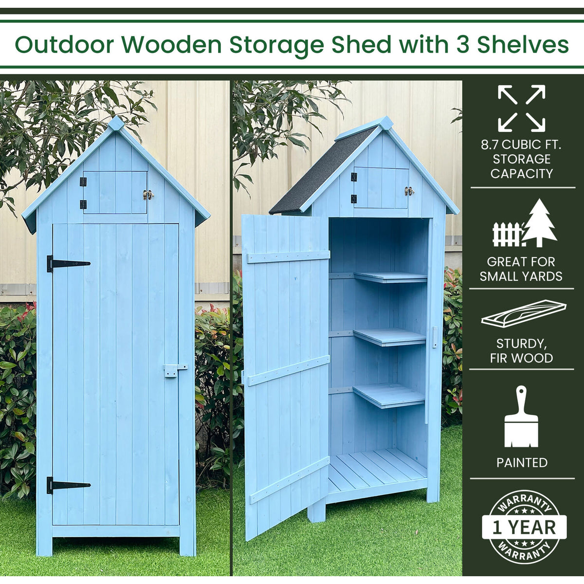 Hanover Sturdy Durable Waterproof Wood Outdoor Vertical Storage Shed, 70.40"x 30.30"x21.30", Blue - image 2