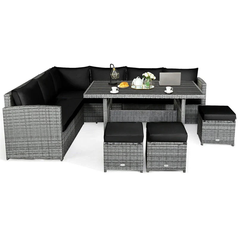 7 Pcs Rattan Patio Dining Furniture Sectional Sofa Set with Dining Table, Ottomans & Cushions - image 59
