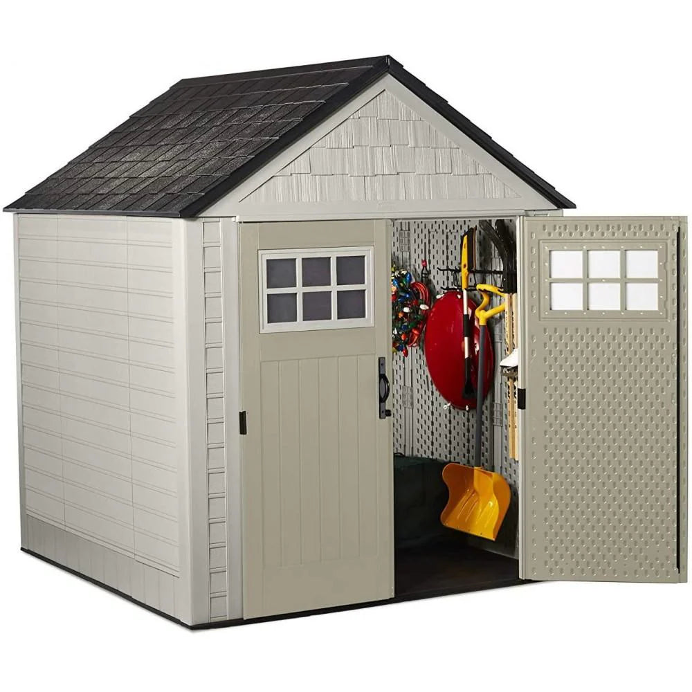 Rubbermaid 7×7 Ft Durable Weather Resistant Resin Outdoor Garden Storage Shed with Windows and Utility Hooks, Sand - image 5