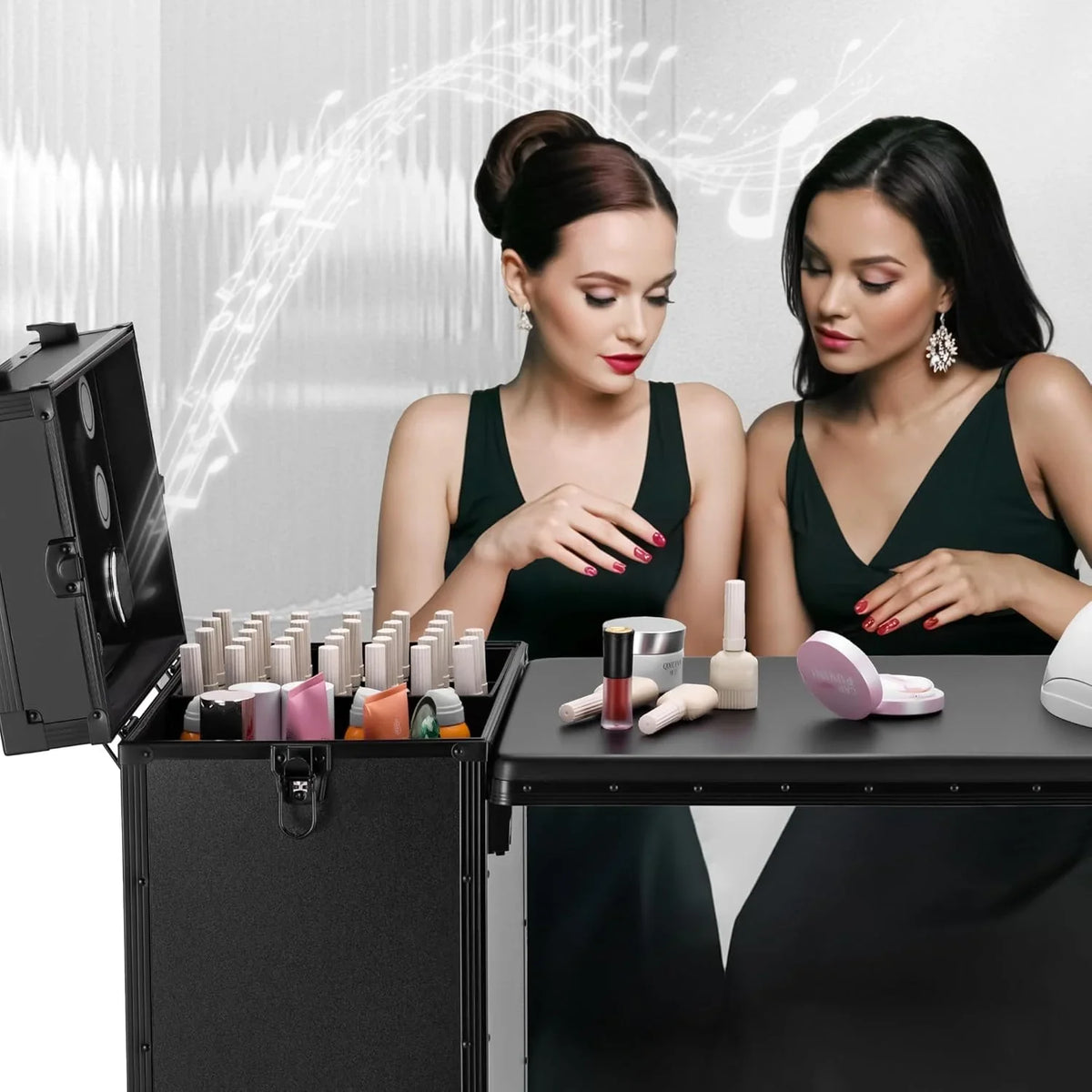 Rolling Manicure Table with Drawers, Bluetooth Speaker, LED Mirror, TSA Lock - image 2