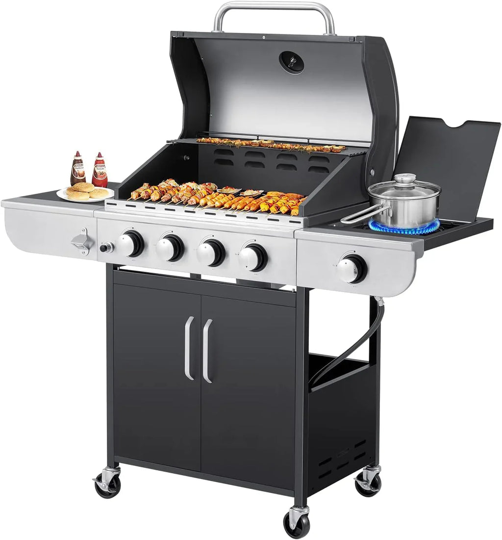 Upgraded 4 Burner BBQ Propane Gas Grill with Cast Iron Grates & Side Stove, 44,000 BTU Stainless Steel Burner Barbecue Grill for Patio, Camping, Outdoor Cooking. - image 2