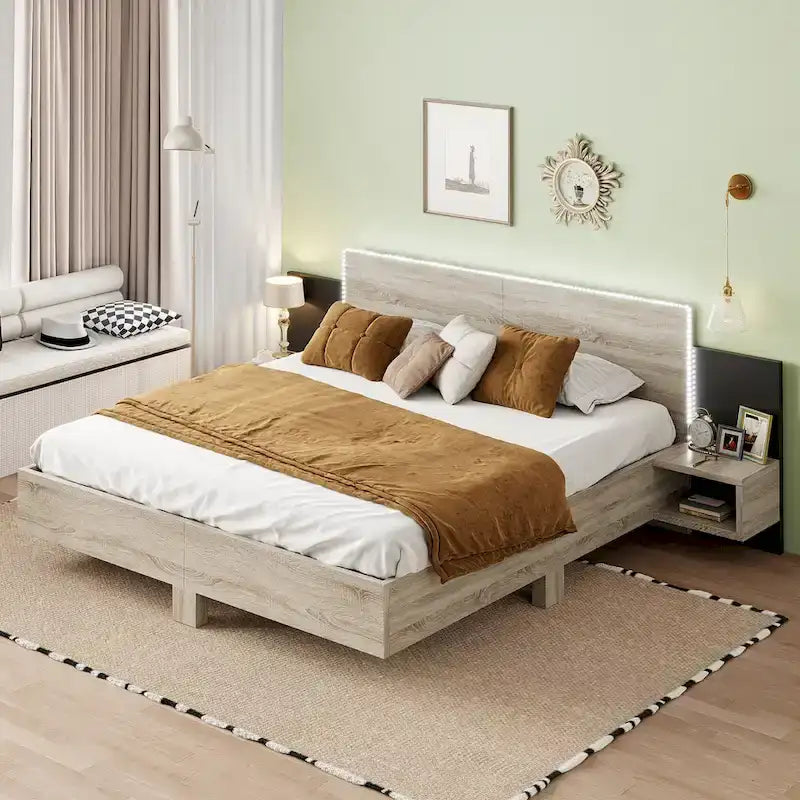Modern King Size Wooden Floating Bed Frame with Nightstand and LED - Slatted Support Design - image 1