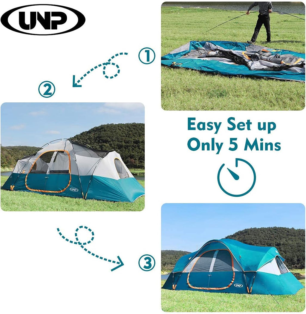 UNP Camping Tent 10-Person-Family Tents, Parties, Music Festival Tent, Big, Easy Up, 5 Large Mesh Windows, Double Layer, 2 Room, Waterproof, Weather Resistant, 18ft x 9ft x78in - image 13