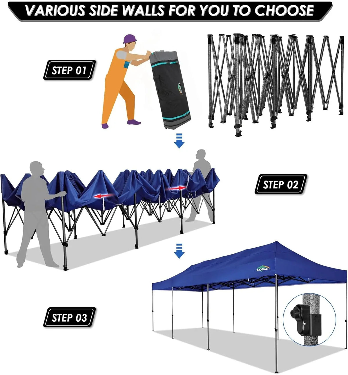 COBIZI 10x20 Heavy Duty Pop up Canopy Tent with 6 sidewalls Easy Up Commercial Outdoor Canopy Wedding Party Tents for Parties All Season Wind & Waterproof Gazebo with Roller Bag,Black(Frame Thickened) - image 72