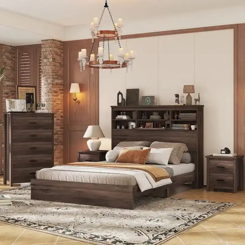 Vintage Queen Size Bedroom Set: 4-Piece Wooden Bed Frame with 2 Nightstands and 1 Dresser - image 4