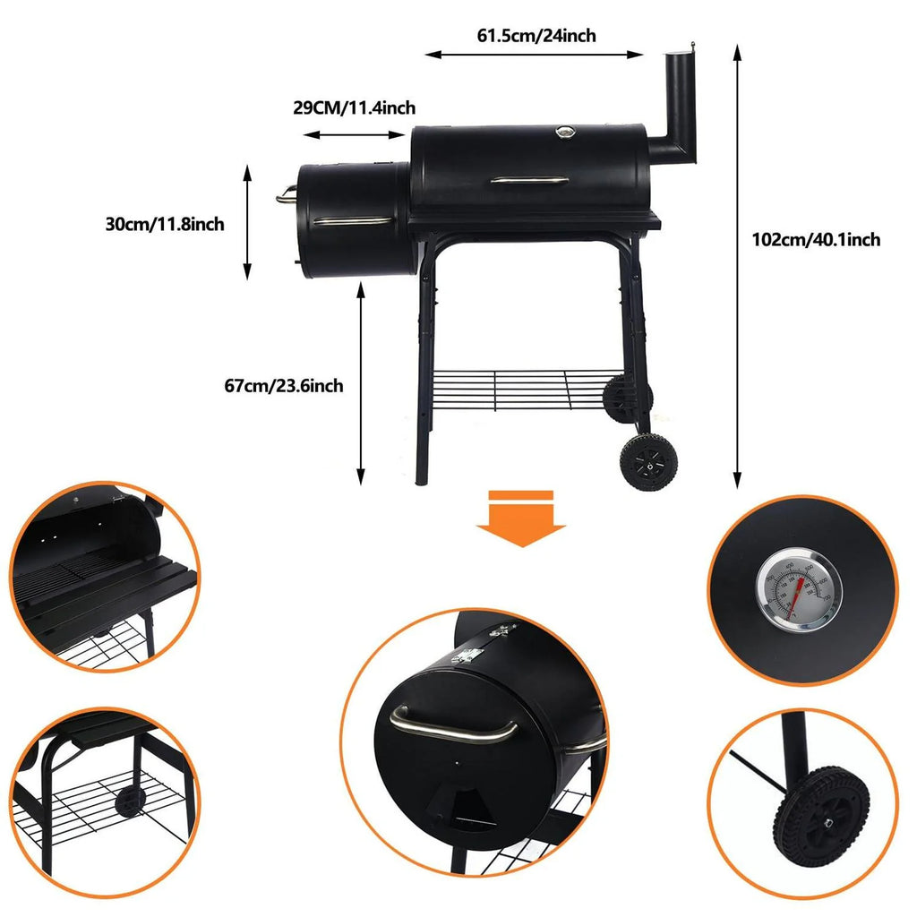 Vebreda Portable Charcoal BBQ Grill with Offset Smoker, Steel, Black, Thermometer, Wheels - image 4
