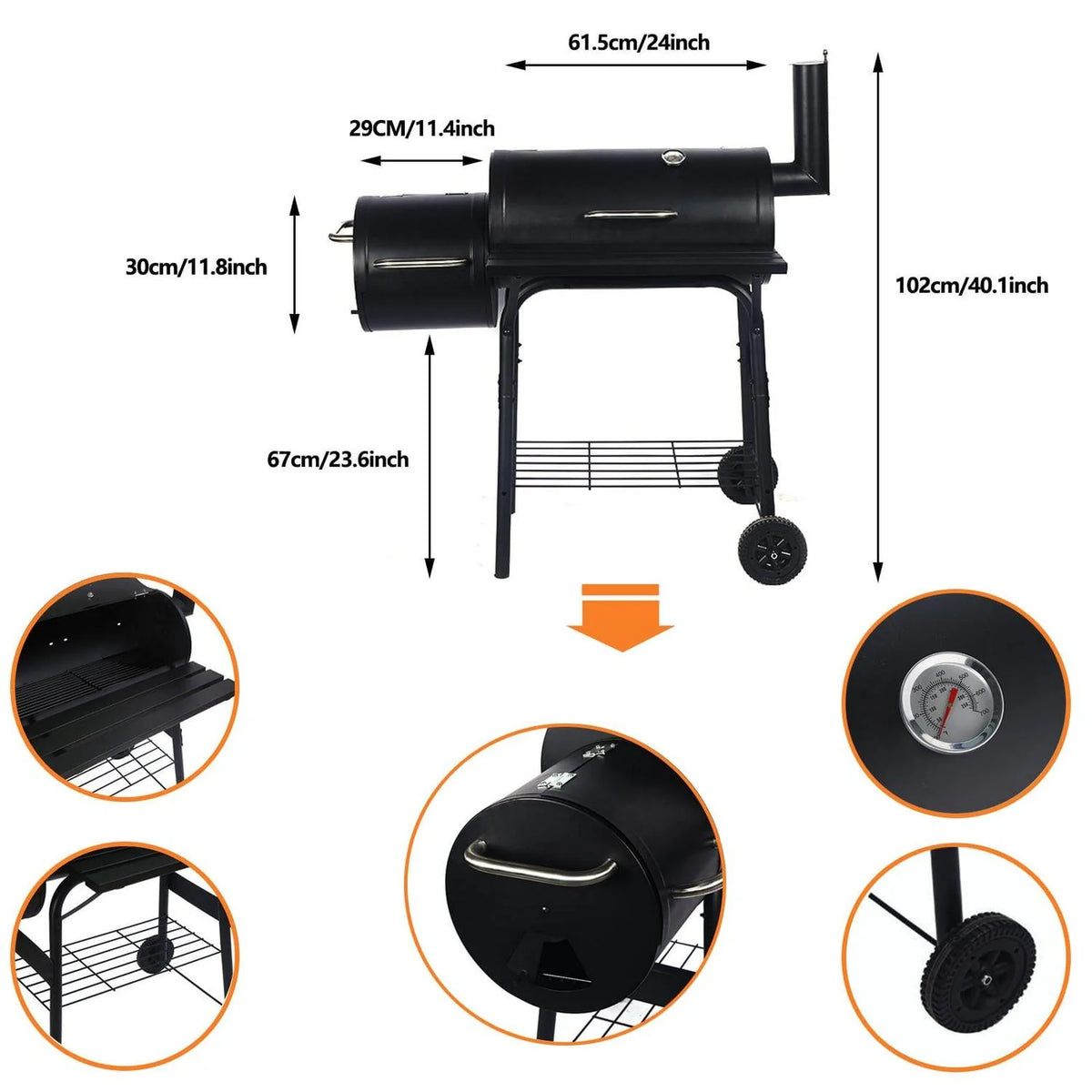 Vebreda Portable Charcoal BBQ Grill with Offset Smoker, Steel, Black, Thermometer, Wheels - image 4