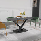 63-Inch Contemporary Dining Table with Slate Stone Surface and Metal Legs, Marble Finish - image 2