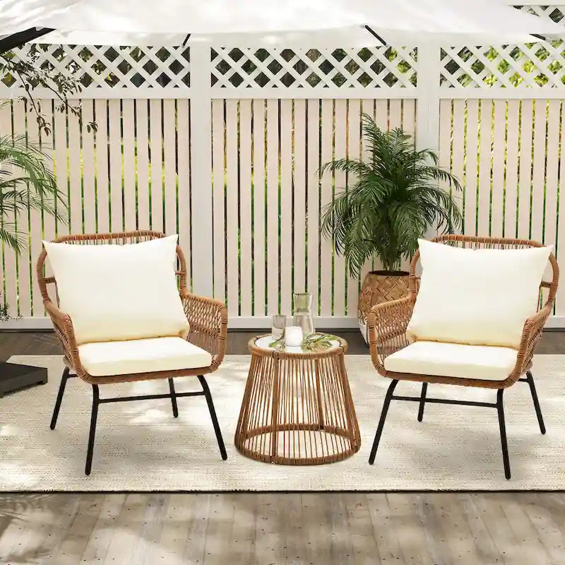 3-Piece Patio Conversation Bistro Set, Outdoor Rattan Furniture Set with Glass Table & 2 Wide Armchairs, Seat Cushions - image 1