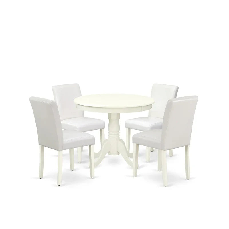 East West Furniture Round Dining Table Set - Kitchen Table with White Faux Leather Parson Chairs in Linen White (Various Piece Options) - image 11