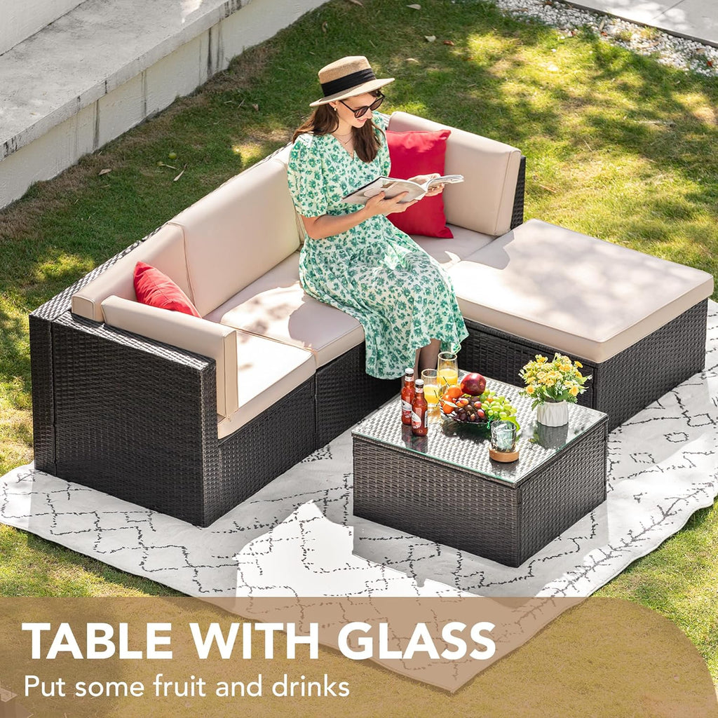 Devoko 5 Pieces Patio Furniture Sets All Weather Outdoor Sectional Patio Sofa Manual Weaving Wicker Rattan Patio Seating Sofas with Cushion and Glass Table(Beige) - image 11