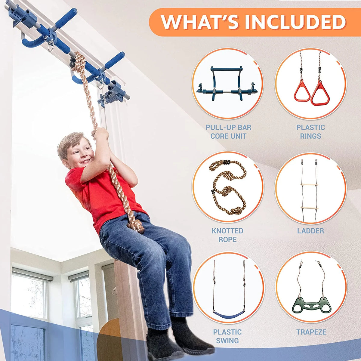 6 Piece Indoor Doorway Gym Set for Kids – Indoor Swing for Kids Includes Kids Swing Chair, Rings, Hanging Trapeze, Ladder, Swinging Rope & Pullup Bar - image 9