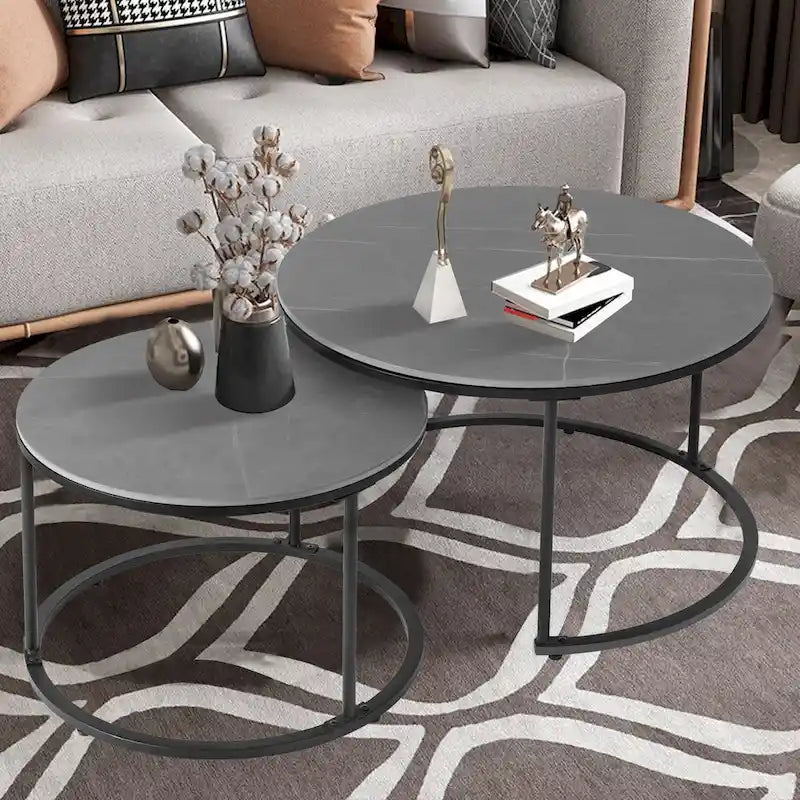 Round Sintered Stone Top Nesting Coffee Table with Black Metal Frame - 31.5 x 17.7 Inches - image 1