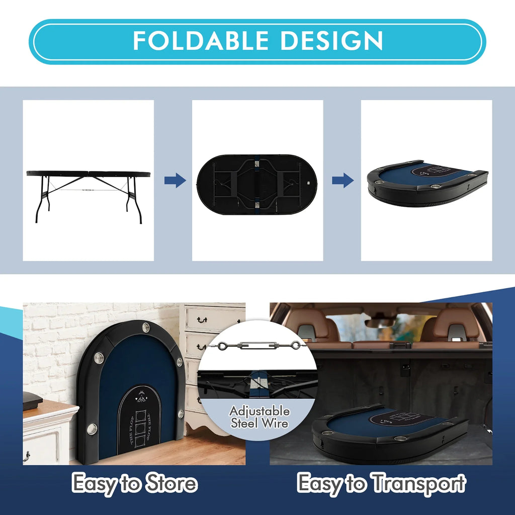 Costway Foldable, USB Ports, LED Lights 10 Player Poker Table, Blue/Black - image 7