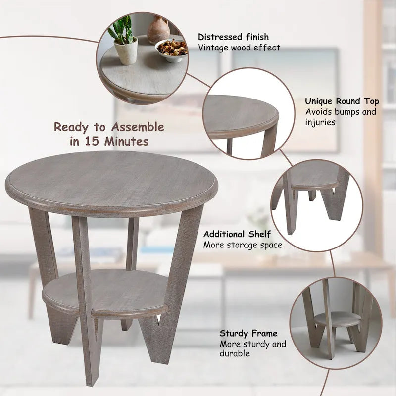 COZAYH Set of 2 Rustic Farmhouse End Tables with Storage Shelf - Vintage Grey French Country Accent Side Tables - image 12