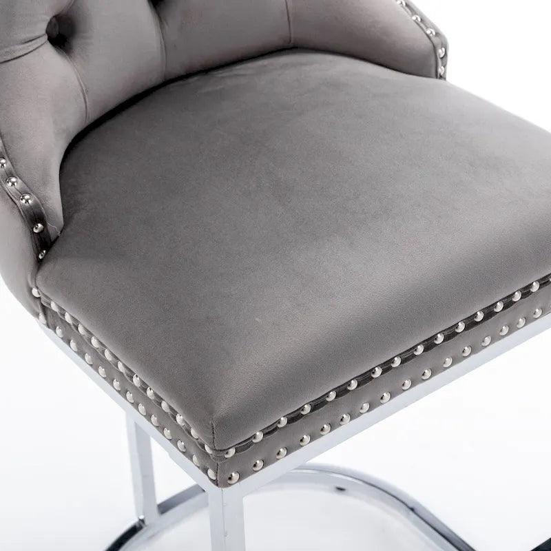 Contemporary Set of 2 Bar Stools with Button-Tufted Back and Studded Trim, Chrome Metal Base - Ideal for Dining Room, Living Room, and Bedroom - image 34