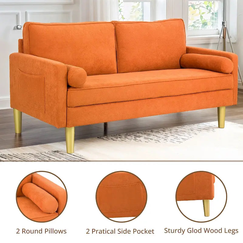 Elegant 65-Inch Orange Polyester 2-Seater Loveseat with Side Pockets and Round Cushions - image 8