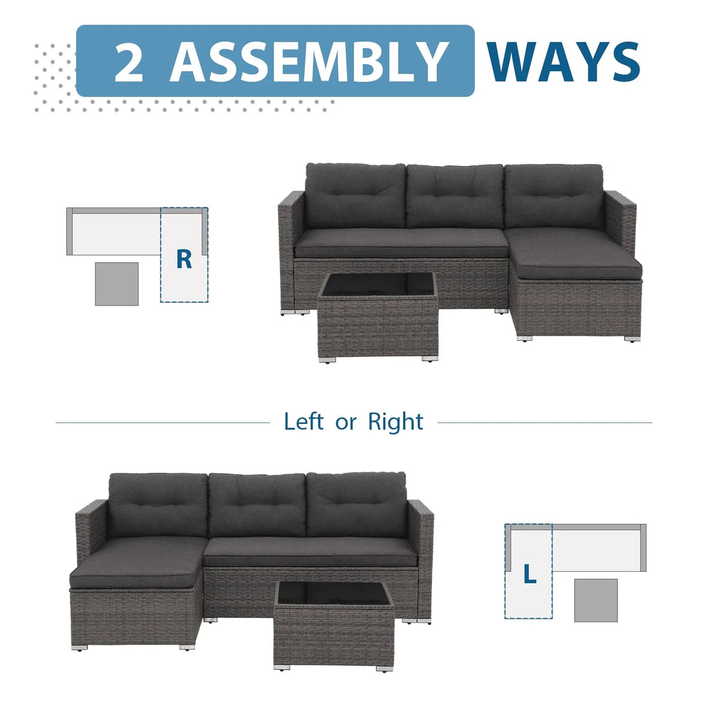 JOIVI 3 Pieces Patio Conversation Set, PE Wicker Rattan Outdoor Furniture Set, 2 Ways Small Sectional Sofa, Tempered Glass Coffee Table, Silver-Gray - image 39