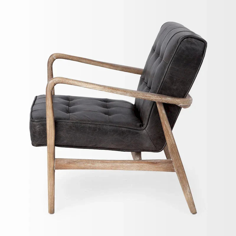 Phineas Black Genuine Leather Accent Chair with Brown Solid Wood Frame - image 5
